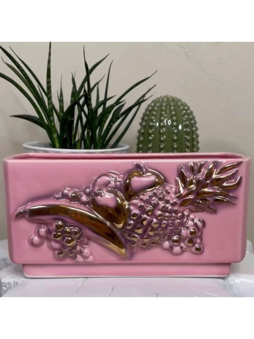 Vintage 1956 Lane & Co. Van Nuys California Pink & Gold Fruit Ceramic Planter